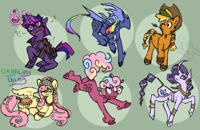 Size: 1440x942 | Tagged: safe, artist:its-a-darkling-thing, derpibooru import, applejack, fluttershy, pinkie pie, rainbow dash, rarity, twilight sparkle, classical unicorn, pegasus, pony, unicorn, alternate design, butt, butt tail, cloven hooves, curved horn, horn, image, jpeg, leonine tail, mane six, plot, redesign, simple background, twitterina design, unshorn fetlocks