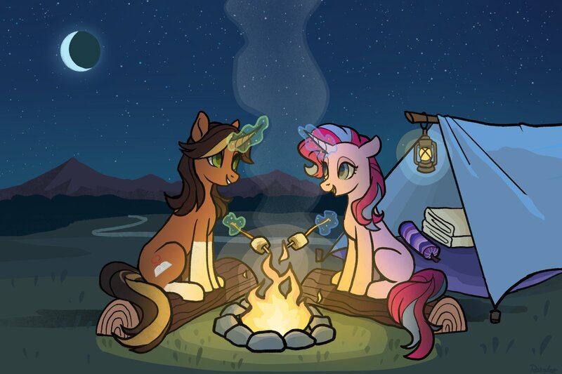 Size: 2048x1365 | Tagged: safe, artist:raindrophalo, derpibooru import, oc, unofficial characters only, pony, unicorn, campfire, camping, commission, duo, female, fire, glow, glowing horn, horn, image, jpeg, magic, marshmallows, moon, stars, telekinesis, tent, unicorn oc