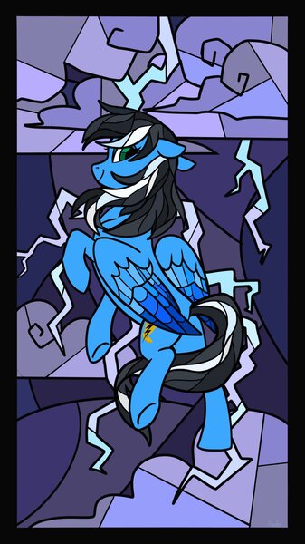 Size: 1151x2048 | Tagged: safe, artist:raindrophalo, derpibooru import, oc, unofficial characters only, pegasus, pony, commission, female, image, jpeg, lightning, pegasus oc, solo, stained glass window, wings