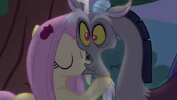 Size: 1333x750 | Tagged: safe, artist:georgegarza01, derpibooru import, screencap, discord, fluttershy, pegasus, pony, cute, discoshy, duo, fan animation, female, flower, flower in hair, hooves on face, image, jpeg, kiss on the cheek, kissing, male, night, rose, shipping, show accurate, straight, youtube link