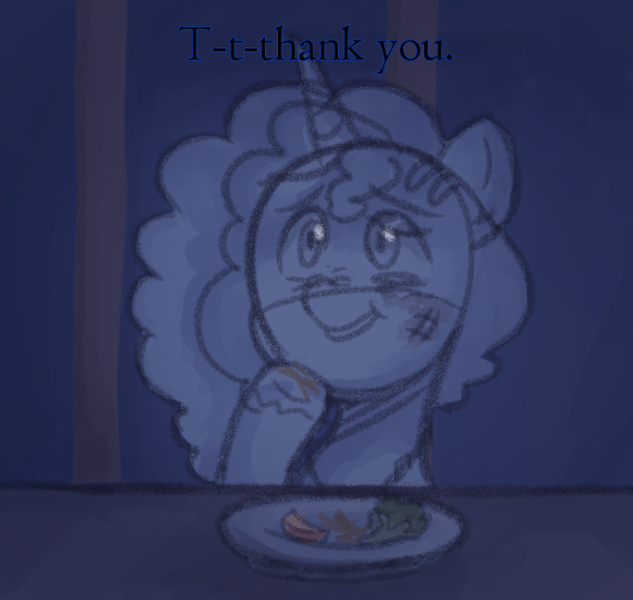 Size: 667x632 | Tagged: safe, anonymous artist, derpibooru import, pony, unicorn, series:misty pov, g5, apple slice, broccoli, bruised, female, food, hay, image, implied opaline arcana, mare, misty brightdawn, plate, png, scratches, solo, sparse, thank you