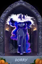 Size: 718x1080 | Tagged: safe, artist:alrumoon_art, artist:dorry, derpibooru import, princess luna, alicorn, clothes, cloud, collaboration, collaboration:nightmare night event (2022), cosplay, costume, female, image, jpeg, looking at you, pumpkin, solo