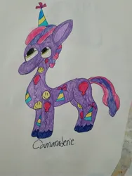 Size: 3024x4032 | Tagged: safe, artist:mintwhistle, derpibooru import, part of a set, oc, oc:camaraderie, unofficial characters only, earth pony, pony, colored pencil drawing, derpibooru exclusive, earth pony oc, g5, g5 oc, hat, image, jpeg, looking up, male, party hat, sketchbook, smiling, solo, stallion, traditional art, unshorn fetlocks