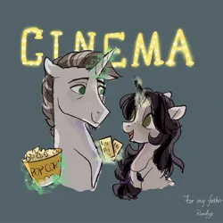 Size: 2048x2048 | Tagged: safe, derpibooru import, oc, oc:raindrop halo, unofficial characters only, pony, unicorn, duo, father and child, father and daughter, female, food, horn, image, jpeg, male, movie theatre, popcorn, unicorn oc