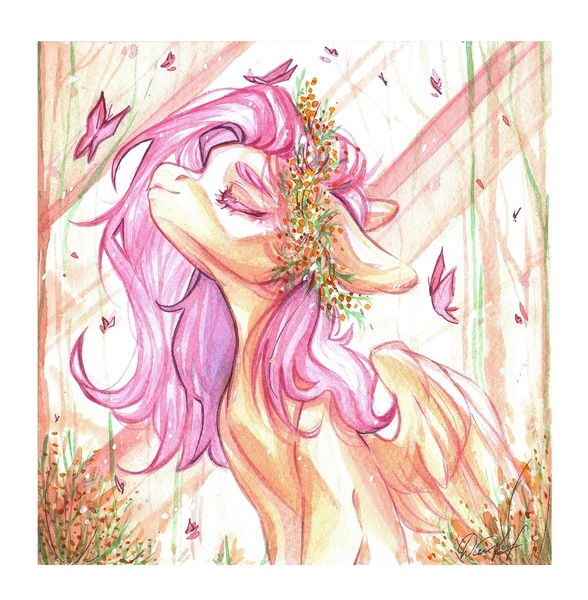 Size: 1058x1080 | Tagged: safe, artist:dorry, derpibooru import, fluttershy, butterfly, insect, pegasus, pony, eyes closed, floral head wreath, flower, forest, image, jpeg, scan, solo, traditional art, tree, watercolor painting, white frame