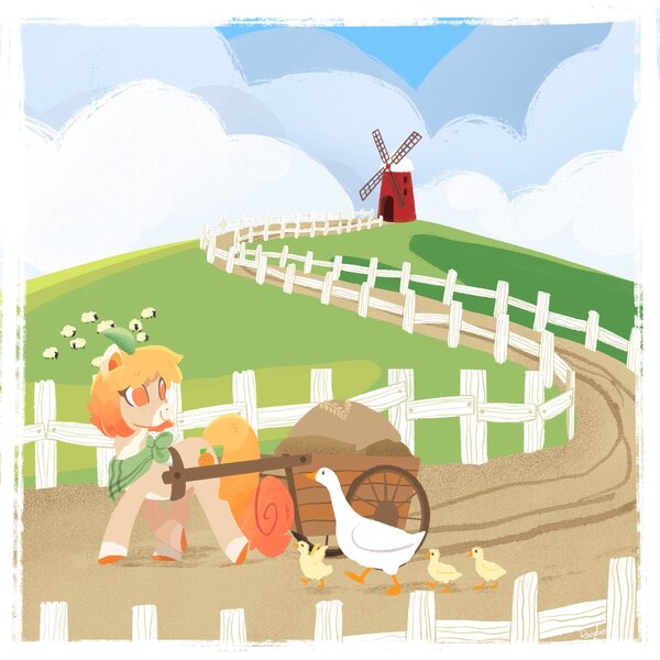 Size: 2048x2048 | Tagged: safe, artist:raindrophalo, derpibooru import, oc, unofficial characters only, bird, duck, earth pony, pony, commission, duckling, earth pony oc, female, fence, image, jpeg, windmill