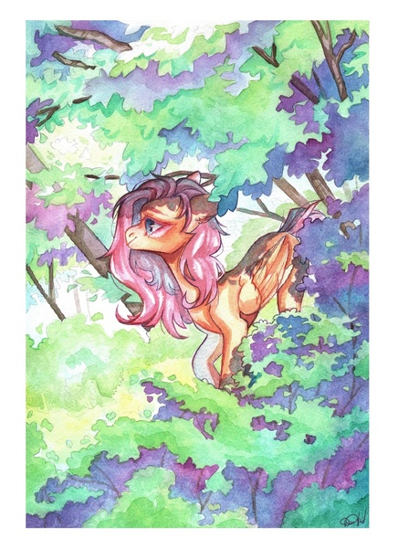 Size: 785x1080 | Tagged: safe, artist:dorry, derpibooru import, fluttershy, pegasus, pony, forest, image, jpeg, looking away, scan, scanned, solo, traditional art, tree, under the tree, walking, watercolor painting, white frame