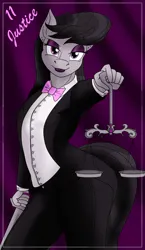 Size: 1100x1900 | Tagged: safe, artist:sixes&sevens, derpibooru import, octavia melody, earth pony, bowtie, clothes, curtains, female, image, justice, lipstick, looking at you, major arcana, png, scales, solo, suit, sword, tarot card, weapon