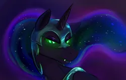 Size: 1384x880 | Tagged: safe, artist:testostepone, derpibooru import, nightmare moon, oc, oc:t'zzet, unofficial characters only, alicorn, changeling, abstract background, changeling oc, disguise, disguised changeling, ethereal mane, eyeshadow, glow, glowing eyes, helmet, image, lidded eyes, makeup, peytral, png, solo