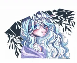 Size: 1280x1047 | Tagged: safe, artist:dorry, derpibooru import, oc, unofficial characters only, pony, colored eyelashes, image, jpeg, leaves, looking away, partial background, scanned, simple background, solo, traditional art, watercolor painting, white background