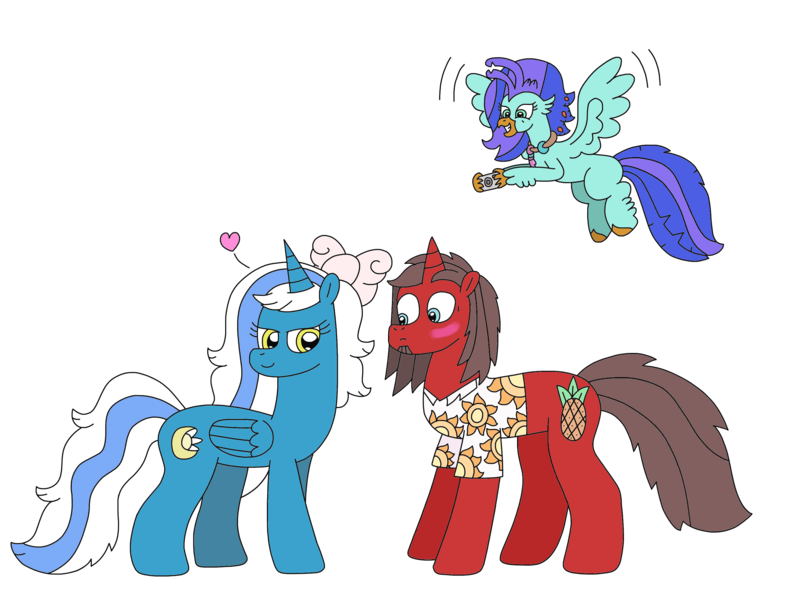 Size: 3045x2260 | Tagged: safe, artist:supahdonarudo, derpibooru import, oc, oc:fleurbelle, oc:ironyoshi, oc:sea lilly, unofficial characters only, alicorn, classical hippogriff, hippogriff, pony, unicorn, bow, camera, clothes, excited, heart, holding, image, jewelry, necklace, png, seductive look, shipping, shirt, simple background, surprised, transparent background