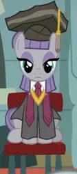 Size: 301x671 | Tagged: safe, derpibooru import, screencap, maud pie, earth pony, pony, rock solid friendship, chair, clothes, cropped, female, graduation, graduation cap, hat, image, jpeg, mare, necktie, robe, sat down, school, solo, stage