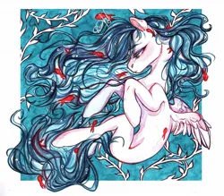 Size: 1280x1122 | Tagged: safe, artist:dorry, derpibooru import, oc, unofficial characters only, fish, goldfish, pegasus, pony, colored eyelashes, image, jpeg, partial background, pegasus oc, scan, scanned, solo, traditional art, watercolor painting, wings