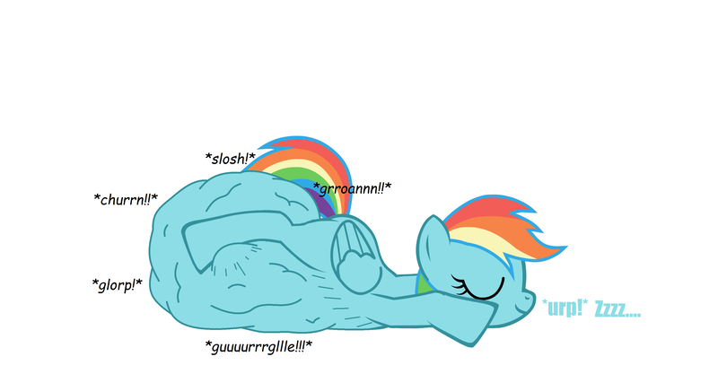 Size: 3300x1800 | Tagged: suggestive, artist:xyclone, derpibooru import, rainbow dash, pegasus, pony, pony creator, belly, big belly, digestion, huge belly, image, implied death, implied oc, impossibly large belly, onomatopoeia, png, simple background, sleeping, snoring, stomach noise, vore, white background