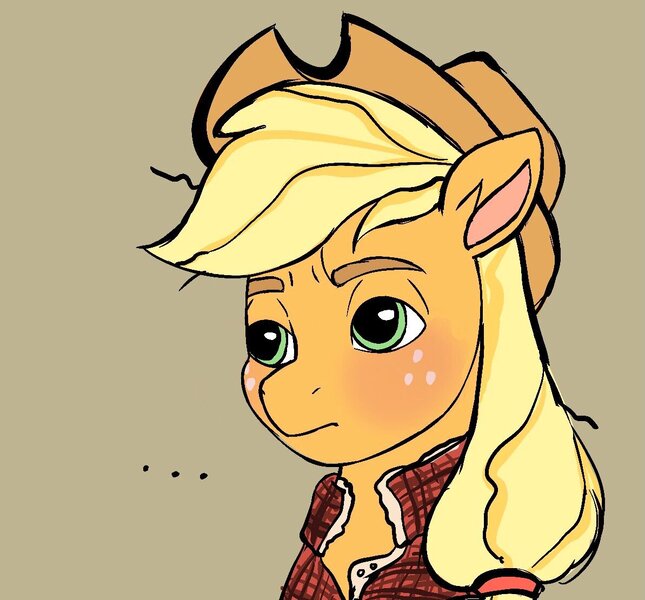 Size: 1193x1110 | Tagged: safe, artist:bearpone, derpibooru import, applejack, earth pony, pony, ..., brown background, clothes, female, image, jpeg, simple background, solo