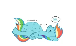 Size: 2800x1700 | Tagged: suggestive, artist:xyclone, derpibooru import, rainbow dash, pegasus, pony, pony creator, belly, big belly, digestion, huge belly, image, implied death, implied oc, onomatopoeia, png, simple background, sleeping, snoring, sound effects, stomach noise, vore, white background, zzz