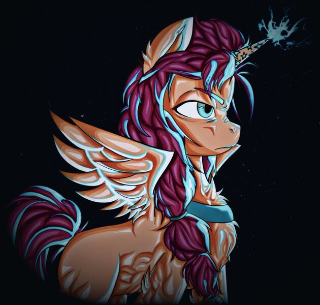 Size: 1024x976 | Tagged: safe, artist:bearpone, derpibooru import, sunny starscout, alicorn, pony, my little pony: a new generation, alicornified, chest fluff, female, g5, glow, glowing horn, horn, image, jpeg, race swap, sunnycorn