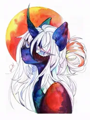 Size: 805x1080 | Tagged: safe, artist:dorry, derpibooru import, oc, unofficial characters only, pony, unicorn, bust, circle background, colored eyelashes, curved horn, horn, image, jpeg, looking at you, partial background, portrait, simple background, solo, traditional art, unicorn oc, watercolor painting, white background