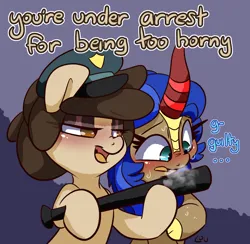 Size: 1680x1640 | Tagged: suggestive, artist:lou, derpibooru import, oc, oc:cobalt flame, oc:louvely, unofficial characters only, earth pony, kirin, pony, blushing, cap, hat, image, kirin oc, png, roleplay, simple background, sweat, text