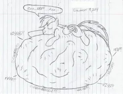 Size: 3120x2380 | Tagged: suggestive, artist:xyclone, derpibooru import, oc, oc:fire jade, unofficial characters only, pegasus, pony, abdominal bulge, belly, belly bed, belly button, big belly, burp, hissing, huge belly, image, implied changeling, implied death, implied digestion, impossibly large belly, jpeg, male, mass vore, sleeping, snoring, stallion, stomach noise, traditional art, unwilling vore, vore