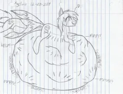 Size: 3108x2380 | Tagged: suggestive, artist:xyclone, derpibooru import, oc, oc:taluthus, original species, pony, belly, belly bed, belly bumps, belly button, big belly, fetish, huge belly, image, impossibly large belly, jpeg, kitsune, kitsune pony, mass vore, onomatopoeia, stomach noise, tail, tail vore, vore