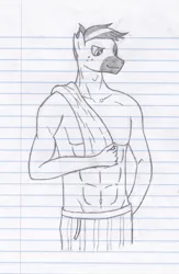 Size: 1625x2500 | Tagged: safe, artist:xyclone, derpibooru import, oc, oc:velocity, unofficial characters only, anthro, abs, belly button, image, jpeg, lined paper, male, muscles, pecs, solo, towel, traditional art