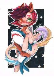 Size: 760x1080 | Tagged: safe, artist:dorry, derpibooru import, oc, unofficial characters only, original species, pegasus, pony, shark, blåhaj, ikea, image, jpeg, leonine tail, marker drawing, partial background, paws, plushie, pony oc, shark plushie, simple background, solo, stars, tail, traditional art, wings