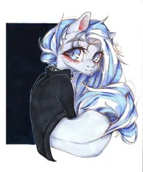 Size: 894x1080 | Tagged: safe, artist:dorry, derpibooru import, oc, unofficial characters only, earth pony, pony, abstract background, choker, clothes, earth pony oc, image, jacket, jpeg, leather, leather jacket, looking away, looking back, marker drawing, partial background, rear view, scanned, simple background, solo, spiked choker, traditional art, white background