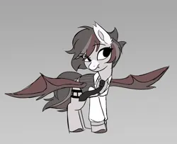 Size: 2220x1800 | Tagged: safe, artist:syrupyyy, derpibooru import, oc, oc:news flash, unofficial characters only, bat pony, pony, clothes, female, gray background, image, mare, necktie, png, simple background, sketch, solo, spread wings, suit, vest, wings