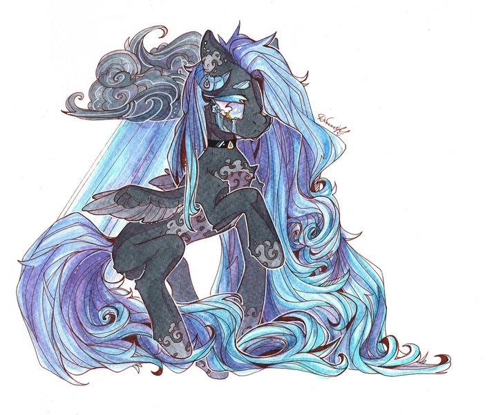 Size: 1280x1078 | Tagged: safe, artist:dorry, derpibooru import, oc, unofficial characters only, pegasus, pony, cloud, crying, horns, image, jpeg, long hair, looking down, markings, pegasus oc, rain, sad, scan, scanned, simple background, solo, traditional art, watercolor painting, white background, wings