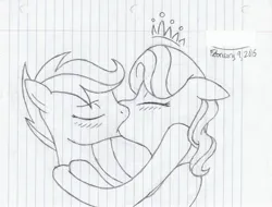 Size: 3124x2380 | Tagged: suggestive, artist:xyclone, derpibooru import, diamond tiara, scootaloo, pegasus, pony, unicorn, blushing, duo, female, image, jpeg, kissing, lesbian, lined paper, older, shipping, traditional art