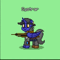 Size: 558x558 | Tagged: safe, derpibooru import, oc, oc:systrar, unofficial characters only, alicorn, pony, fallout equestria, alicorn oc, artificial alicorn, blue alicorn (fo:e), clothes, ear piercing, earring, fedora, gauss rifle, hat, horn, image, jewelry, jpeg, piercing, pipbuck, wings