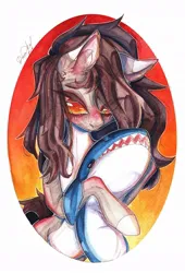 Size: 736x1080 | Tagged: safe, artist:dorry, derpibooru import, oc, unofficial characters only, earth pony, pony, shark, blåhaj, colored eyelashes, earth pony oc, holding, hug, hugging a toy, image, jpeg, looking down, marker drawing, markings, plushie, shark plushie, solo, toy, traditional art, watercolor painting, white frame