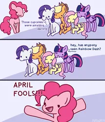 Size: 2305x2676 | Tagged: safe, artist:nawnii, derpibooru import, applejack, fluttershy, pinkie pie, rainbow dash, rarity, twilight sparkle, twilight sparkle (alicorn), alicorn, earth pony, pegasus, pony, unicorn, fanfic:cupcakes, :3, april fools, april fools 2023, comic, dialogue, image, jpeg, mane six, oh no, the implications are horrible, this will not end well