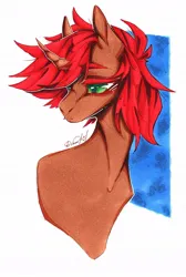 Size: 724x1080 | Tagged: safe, artist:dorry, derpibooru import, oc, unofficial characters only, pony, unicorn, bust, curved horn, green eyes, horn, image, jpeg, looking down, male, marker drawing, portrait, red mane, scan, scanned, simple background, solo, stallion, traditional art, unicorn oc, white background