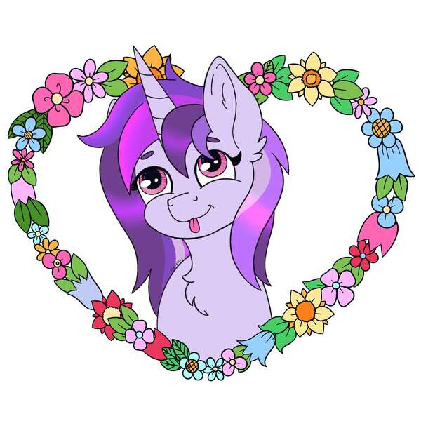 Size: 2000x2000 | Tagged: safe, artist:starlight-j, derpibooru import, oc, oc:dreaming bell, unofficial characters only, pony, unicorn, :p, chest fluff, commission, cute, female, flower, frame, heart, horn, image, jpeg, looking up, mare, pastel, simple background, solo, tongue out, unicorn oc, white background