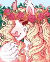 Size: 800x1000 | Tagged: safe, artist:snowberry, derpibooru import, oc, oc:satin sabre, pony, blonde, bust, ear fluff, ear tufts, floral head wreath, flower, flower in hair, girly, image, long hair, long hair male, looking at you, male, png, portrait, smiling, smiling at you, solo, stallion, teeth, wavy hair, wings