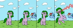 Size: 4096x1586 | Tagged: safe, artist:greenybeanz, derpibooru import, rainbow dash, oc, oc:delayed reaction, earth pony, pegasus, pony, duo, earth pony oc, female, image, jpeg, jump scare, long neck, scared