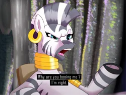 Size: 2000x1508 | Tagged: safe, artist:greenybeanz, derpibooru import, zecora, zebra, caption, female, image, jpeg, solo, text, the eric andre show