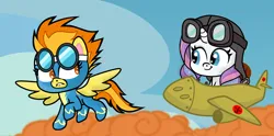 Size: 1920x955 | Tagged: safe, artist:grapefruit-face, derpibooru import, potion nova, spitfire, pony, my little pony: pony life, base used, blue oyster cult, explosion, image, lip bite, looking at each other, looking at someone, me 262, plane, png, pun, sky, visual pun, worried