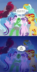 Size: 2000x3902 | Tagged: safe, artist:greenybeanz, derpibooru import, lightning dust, starlight glimmer, sunset shimmer, suri polomare, tempest shadow, trixie, oc, oc:anon, earth pony, human, pegasus, pony, unicorn, bed, female, glow, glowing eyes, image, jpeg, male, red eyes, sleeping, straight