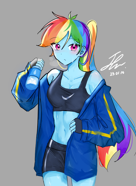 Size: 584x800 | Tagged: safe, artist:rainbom__1122, artist:rainn__1026, derpibooru import, rainbow dash, human, equestria girls, blushing, clothes, female, gray background, image, jacket, midriff, png, ponytail, shorts, simple background, solo, sports bra, sports shorts, sweat, water bottle