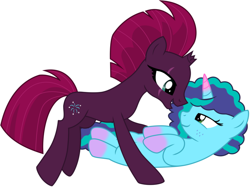 Size: 6122x4566 | Tagged: safe, artist:ejlightning007arts, derpibooru import, fizzlepop berrytwist, tempest shadow, pony, unicorn, g5, base used, bedroom eyes, broken horn, coat markings, female, freckles, generation leap, horn, image, lesbian, mare, mispest, misty brightdawn, png, scar, simple background, socks (coat marking), transparent background, vector