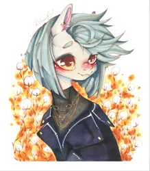 Size: 948x1080 | Tagged: safe, artist:dorry, derpibooru import, oc, unofficial characters only, pony, blushing, chains, clothes, cotton, fangs, gold, golden chain, image, jacket, jewelry, jpeg, leather, leather jacket, marker drawing, simple background, solo, traditional art, white background