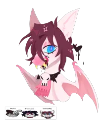 Size: 1853x2161 | Tagged: safe, artist:beetlebonez, derpibooru import, oc, unofficial characters only, bat pony, pony, blood, blue eyes, bust, fangs, forked tongue, heart, image, licking, licking lips, lineless, looking at you, pink coat, png, red mane, simple background, tongue out, transparent background