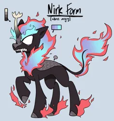 Size: 1471x1559 | Tagged: safe, artist:beetlebonez, derpibooru import, oc, oc:raspberry spark, unofficial characters only, kirin, nirik, angry, fangs, fire, image, kirin oc, male, png, raised hoof, reference sheet, scowl, simple background, solo, solo male, white eyes