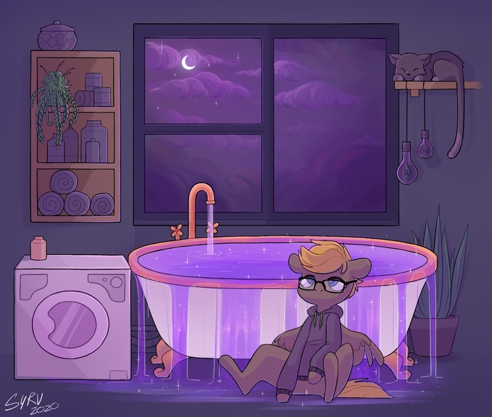 Size: 1280x1084 | Tagged: safe, artist:survya, derpibooru import, oc, unofficial characters only, cat, pegasus, pony, bath, bathroom, glasses, image, jpeg, night, pegasus oc, room, sitting, sitting on floor, sleeping, solo, sparkles, washing machine, wings