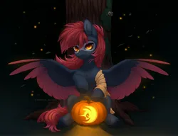 Size: 3900x3000 | Tagged: safe, artist:avroras_world, derpibooru import, firefly (insect), insect, pegasus, black background, clothes, embers, halloween, holiday, hooves, image, jack-o-lantern, jpeg, male, mask, night, orange eyes, pumpkin, scarf, simple background, solo, spread wings, tree, wings