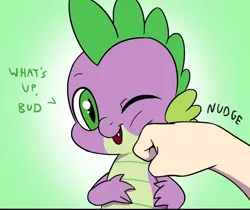 Size: 800x673 | Tagged: safe, artist:doublewbrothers, derpibooru import, edit, spike, dragon, human, cropped, cute, green background, image, looking at you, nudge, one eye closed, png, simple background, smiling, smiling at you, spikabetes