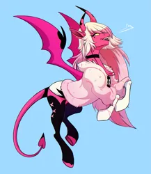 Size: 3151x3631 | Tagged: safe, artist:1an1, derpibooru import, ponified, demon, demon pony, original species, pony, succubus, succubus pony, chest fluff, choker, clothes, demon wings, devil tail, female, helluva boss, image, jacket, open mouth, png, simple background, smiling, solo, spread wings, tail, verosika mayday, wings
